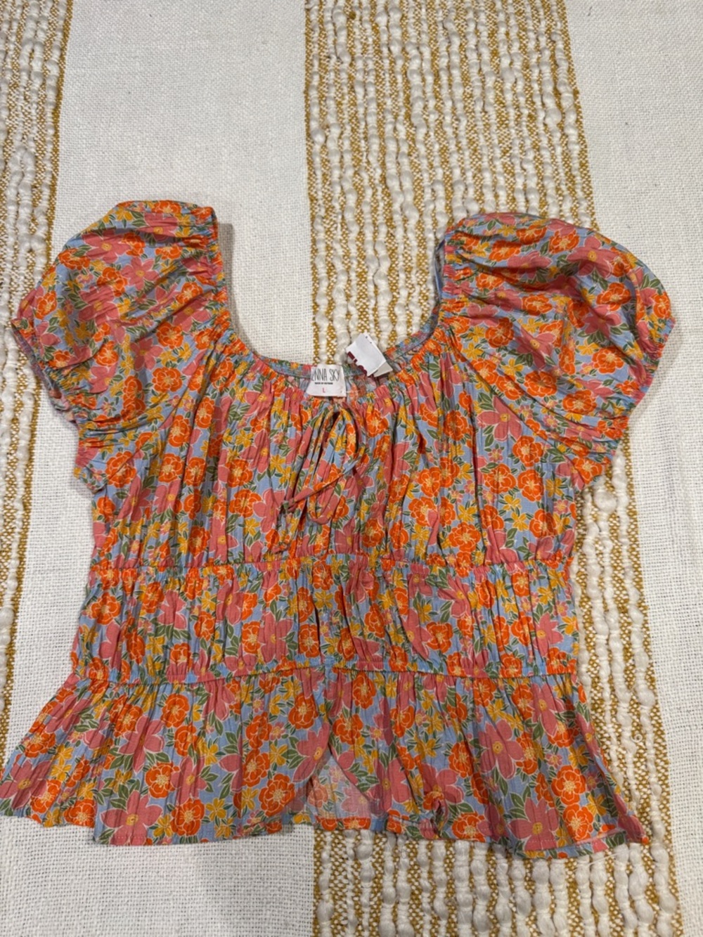 Sienna Sky Pink Floral Smocked Puff-Sleeve Blouse with Orange Accents